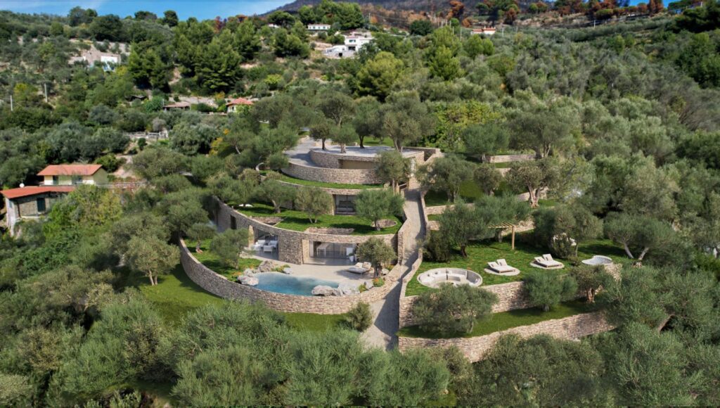 Exterior 3D rendering of the Private house wonderfully integrated with the environment, with luxuries such as a pool and jacuzzi