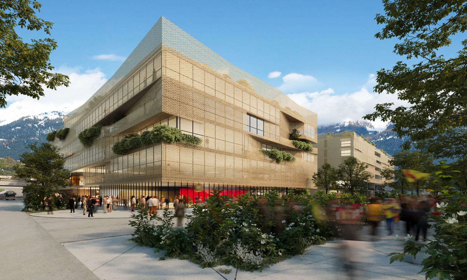 Exterior 3D rendering of the Arena modern facade, with strategic openings in its complete cubic form