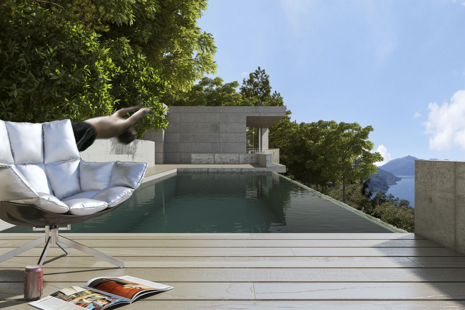 Exterior 3D rendering of the Family Home and Pool with a great view, a pool and wooden floors