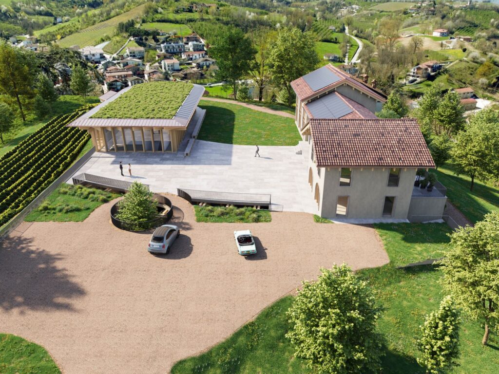 Exterior 3D rendering of the Cantina Miroglio facade of two buildings, the first with tiles on the roof and solar panels and the second with plants on the roof