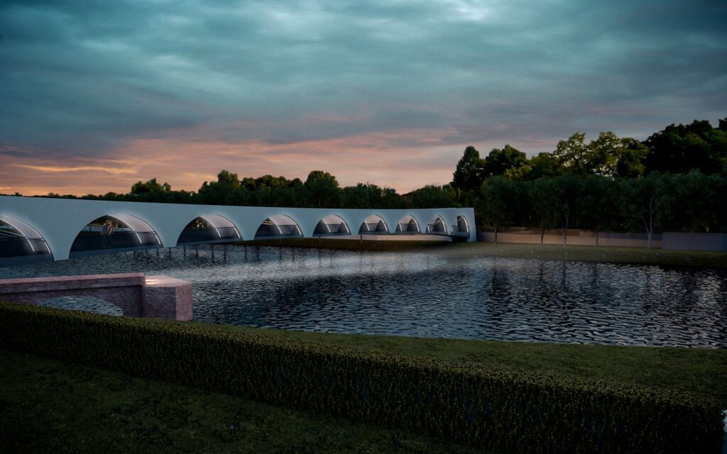 Exterior 3D rendering of the Bridge Contest designed with semicircles on the white walls that are illuminated around their entire perimeter.