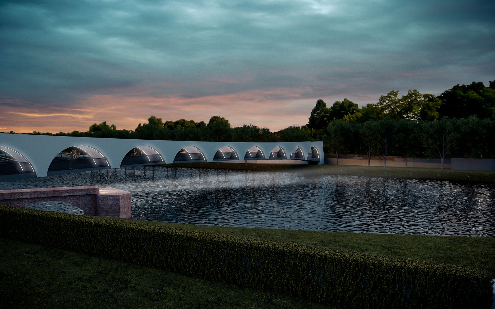 Exterior 3D rendering of the Bridge Contest designed with semicircles on the white walls that are illuminated around their entire perimeter.