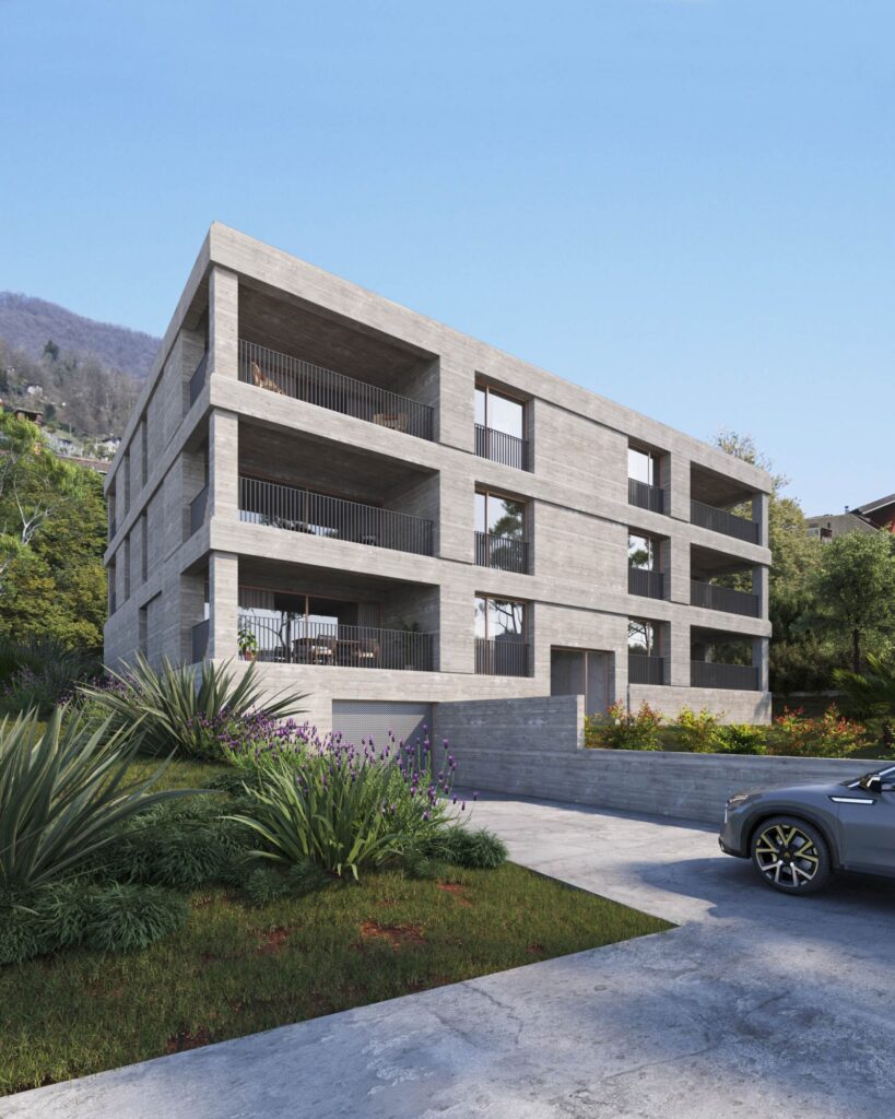 Urbanes 3D-Rendering der modernen Sichtbetonfassade von Sasselli, vielen Balkonen und vier Stockwerken