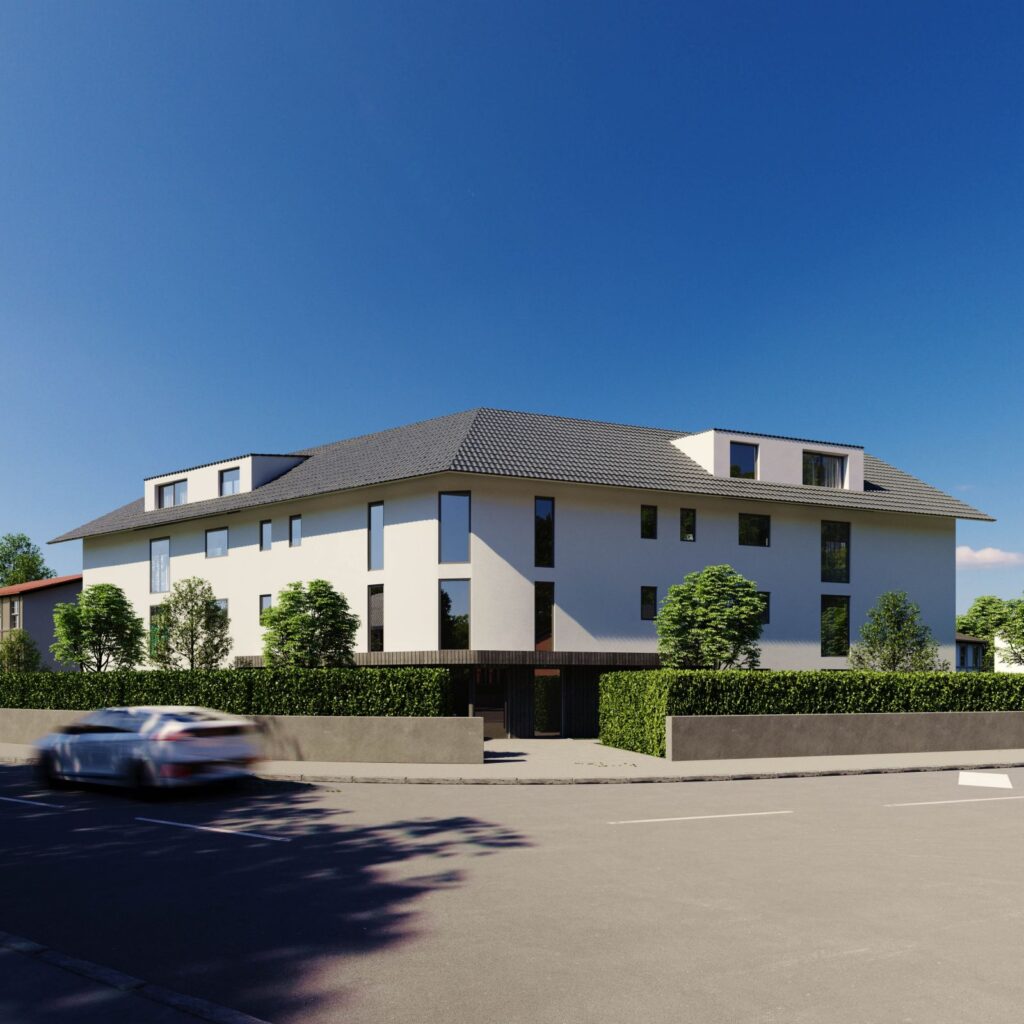 Exterior 3D rendering of the New construction neat white facade, long windows and lots of plants