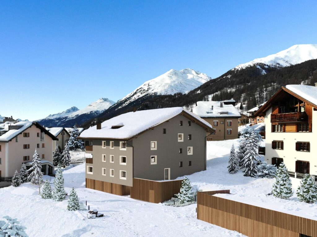 3D-Außendarstellung des Berghauses mit grauer Fassade, Satteldach und Holzdekoration im Erdgeschoss