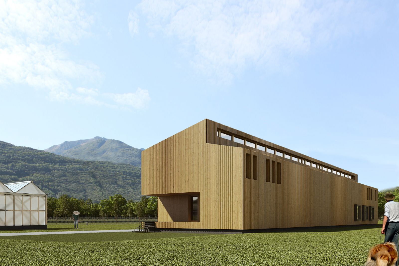 Exterior 3D rendering of the Agroscpe with a modern style, wooden walls and lots of natural light