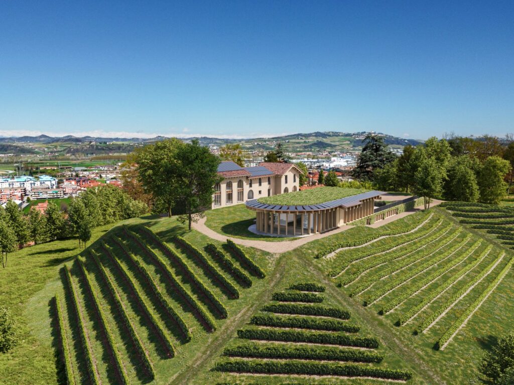 Exterior 3D rendering of the Cantina Miroglio with two buildings, one new and sustainable and the other classic and original