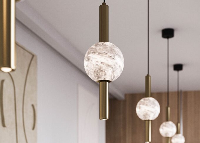 Furniture 3D rendering of the Lighting catalogue ceiling lamps with a vertical golden tube and a marble sphere in the center