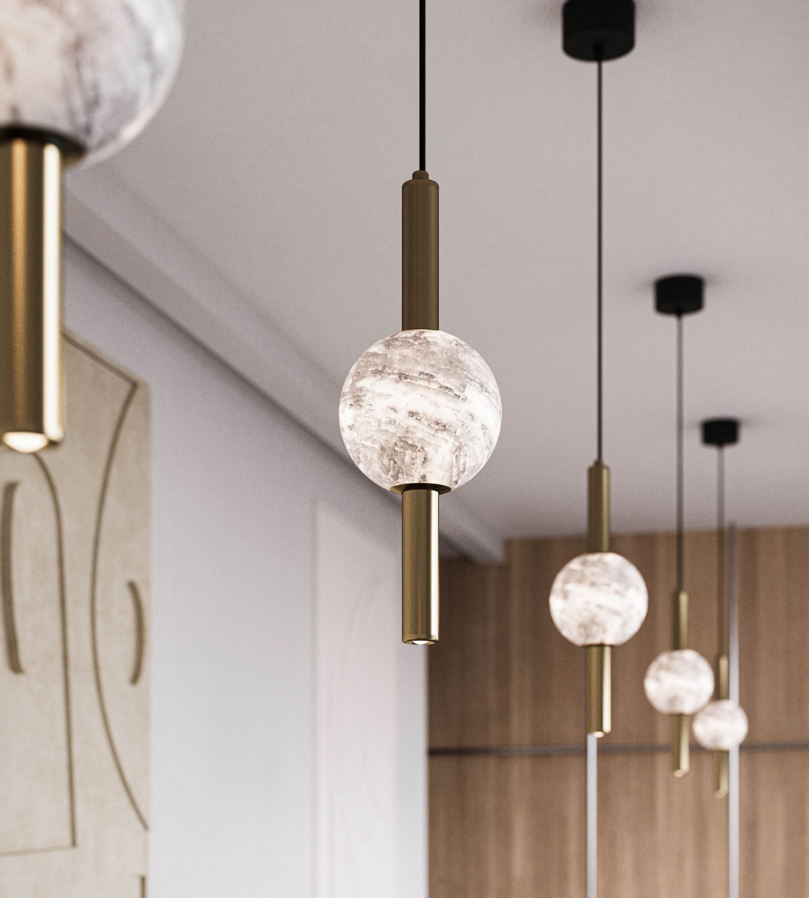 Furniture 3D rendering of the Lighting catalogue ceiling lamps with a vertical golden tube and a marble sphere in the center