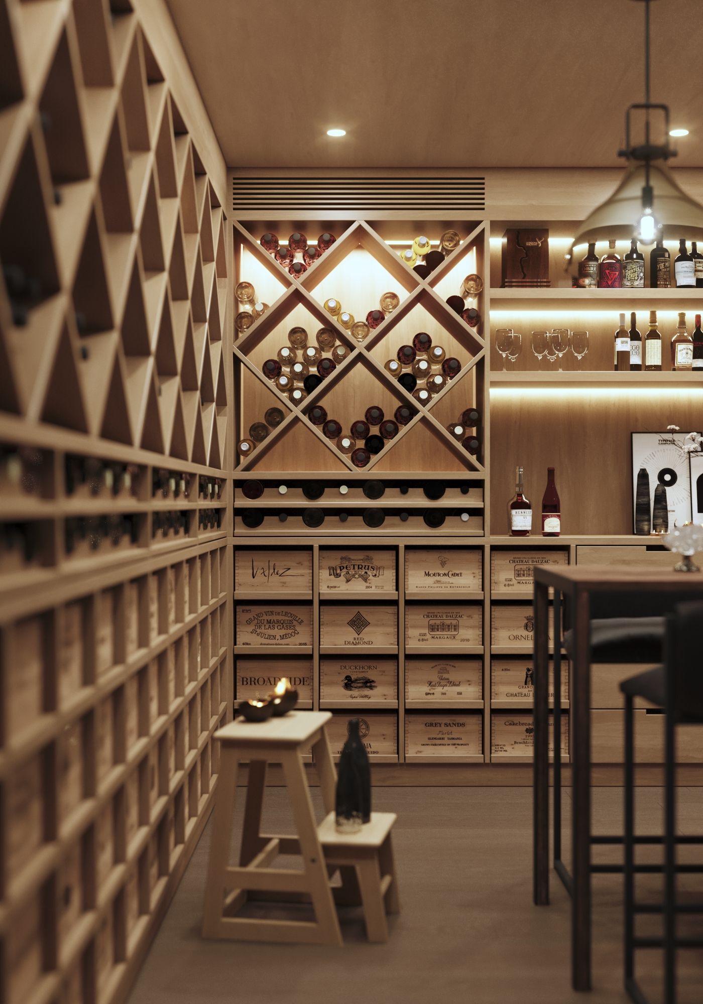 Furniture 3D rendering of the Winecellar rustic light-colored wood, very well lit with warm lights and an exposed storage area