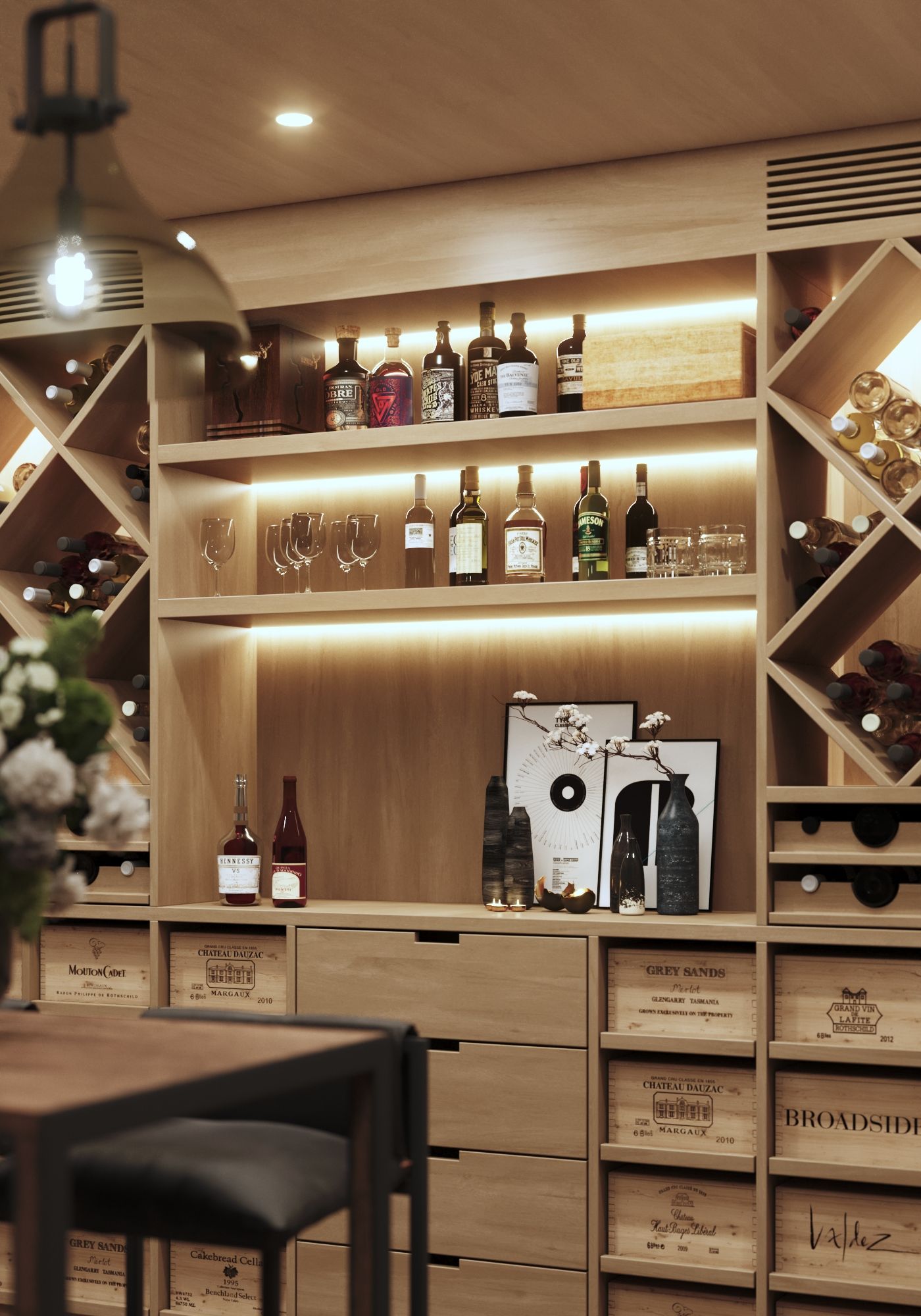 Furniture 3D rendering of the Winecellar designed with a modern and rustic style at the same time