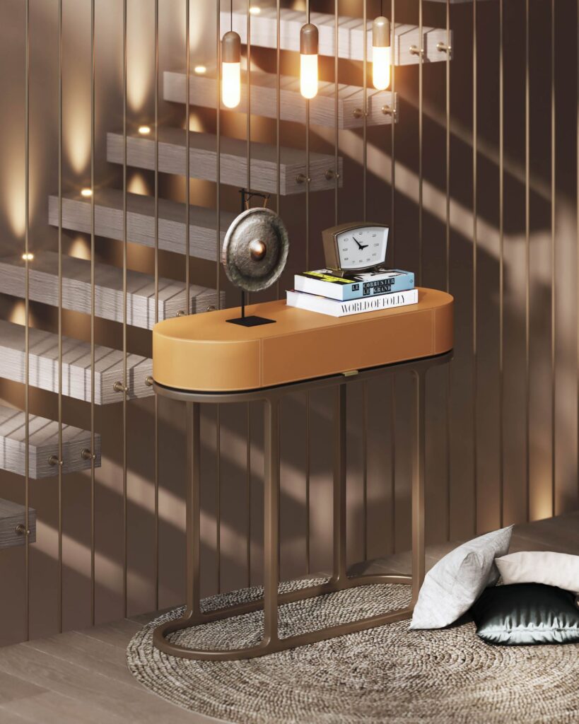 3D rendering of the Catalogue 2024 wooden furniture and dark metal on a gray carpet, with modern decorations above