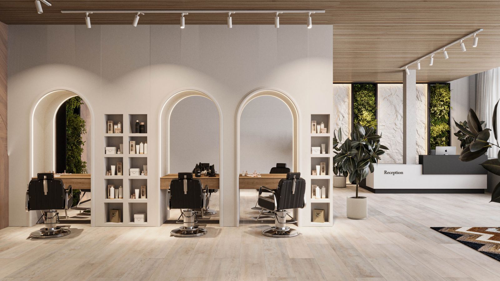 Industrial 3D rendering of the Arcades modern hair salon, designed with neutral tones on the walls and furniture