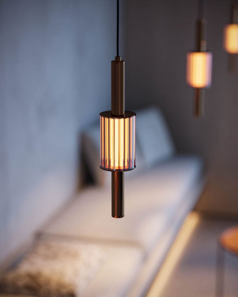 Industrial 3D rendering of the Lighting catalogue ceiling lamp, made of shiny black metal and a glass center