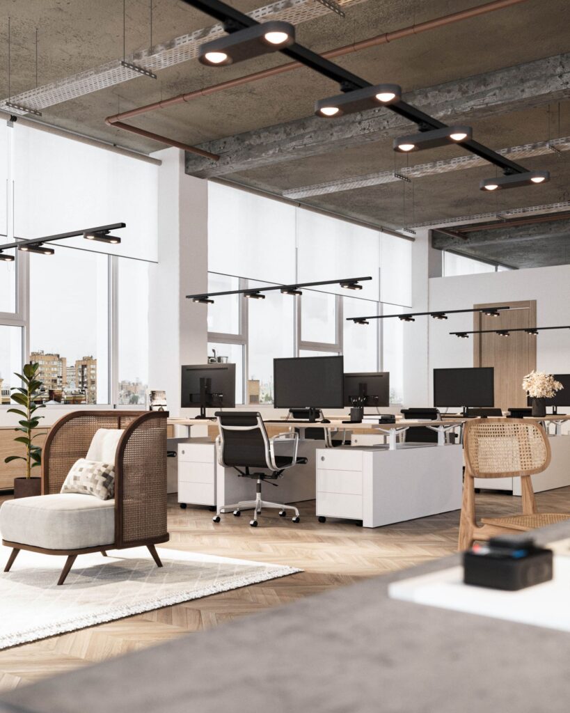 Industrial 3D rendering of the Lighting catalogue black lamps joined with an industrial style