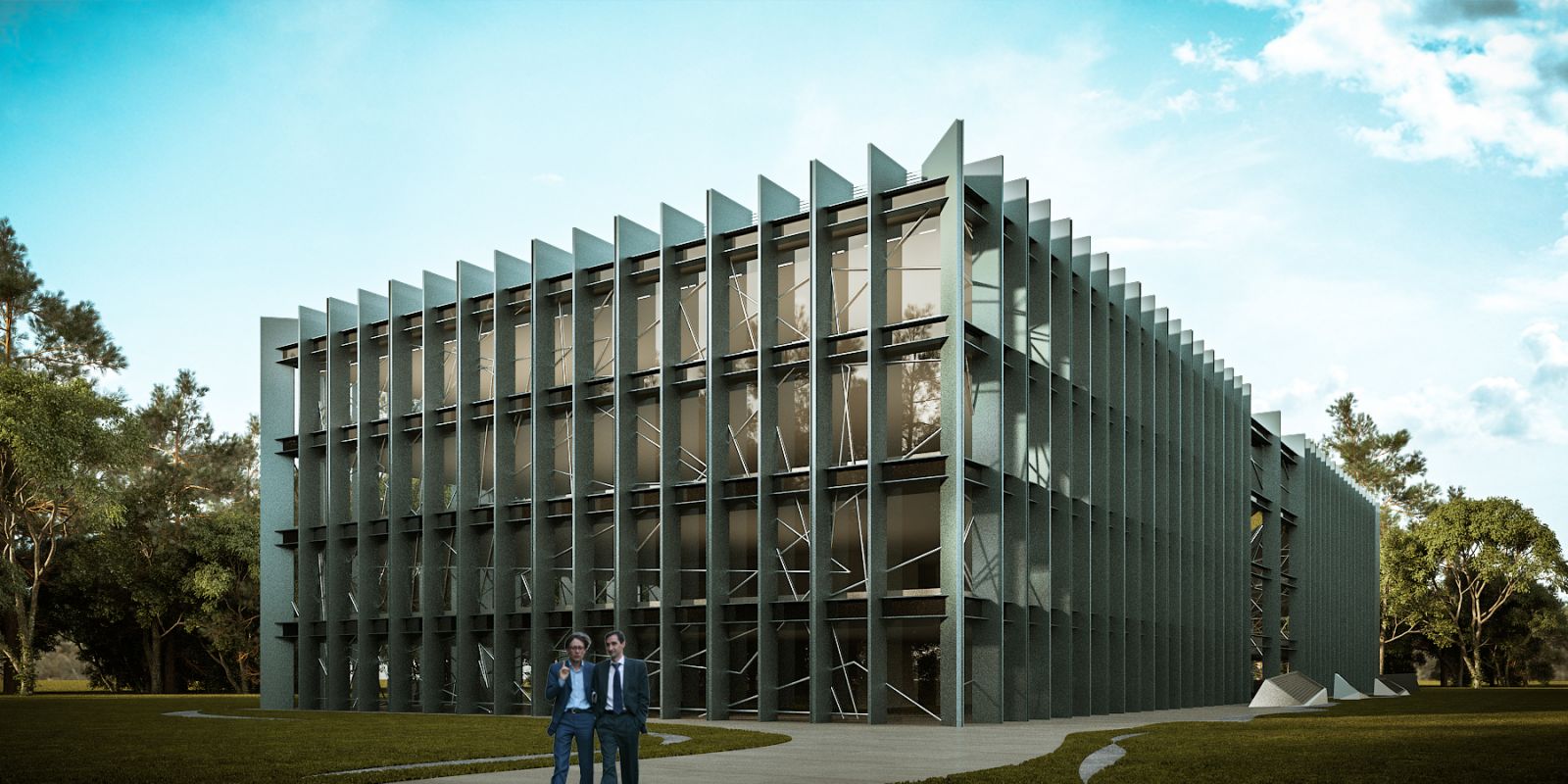 Industrial 3D rendering of the Innowatio Headquarter exterior of the side of the original, modern building with a tinted glass facade