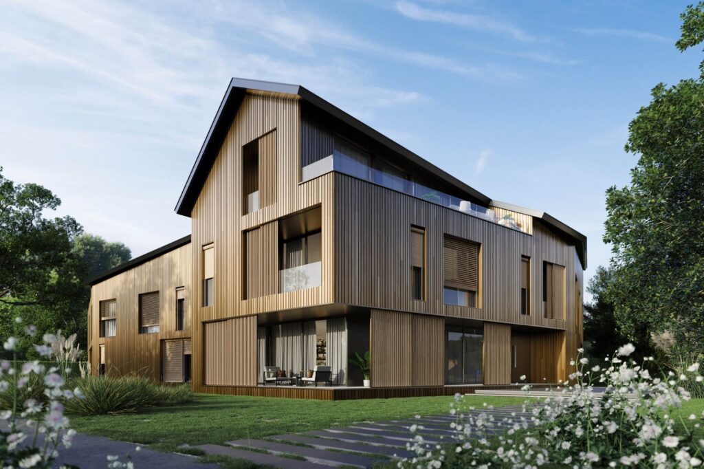 Industrial 3D rendering of the Renovaroll Catalogue modern wooden facade, with a semi-covered space on the ground floor and several balconies