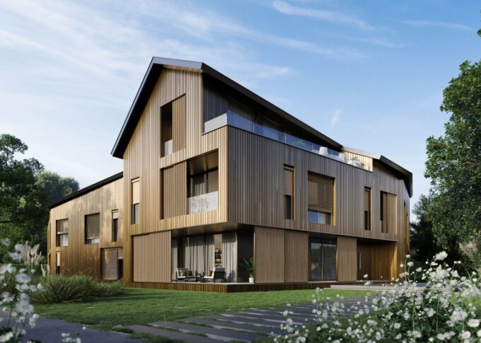 Industrial 3D rendering of the Renovaroll Catalogue modern wooden facade, with a semi-covered space on the ground floor and several balconies