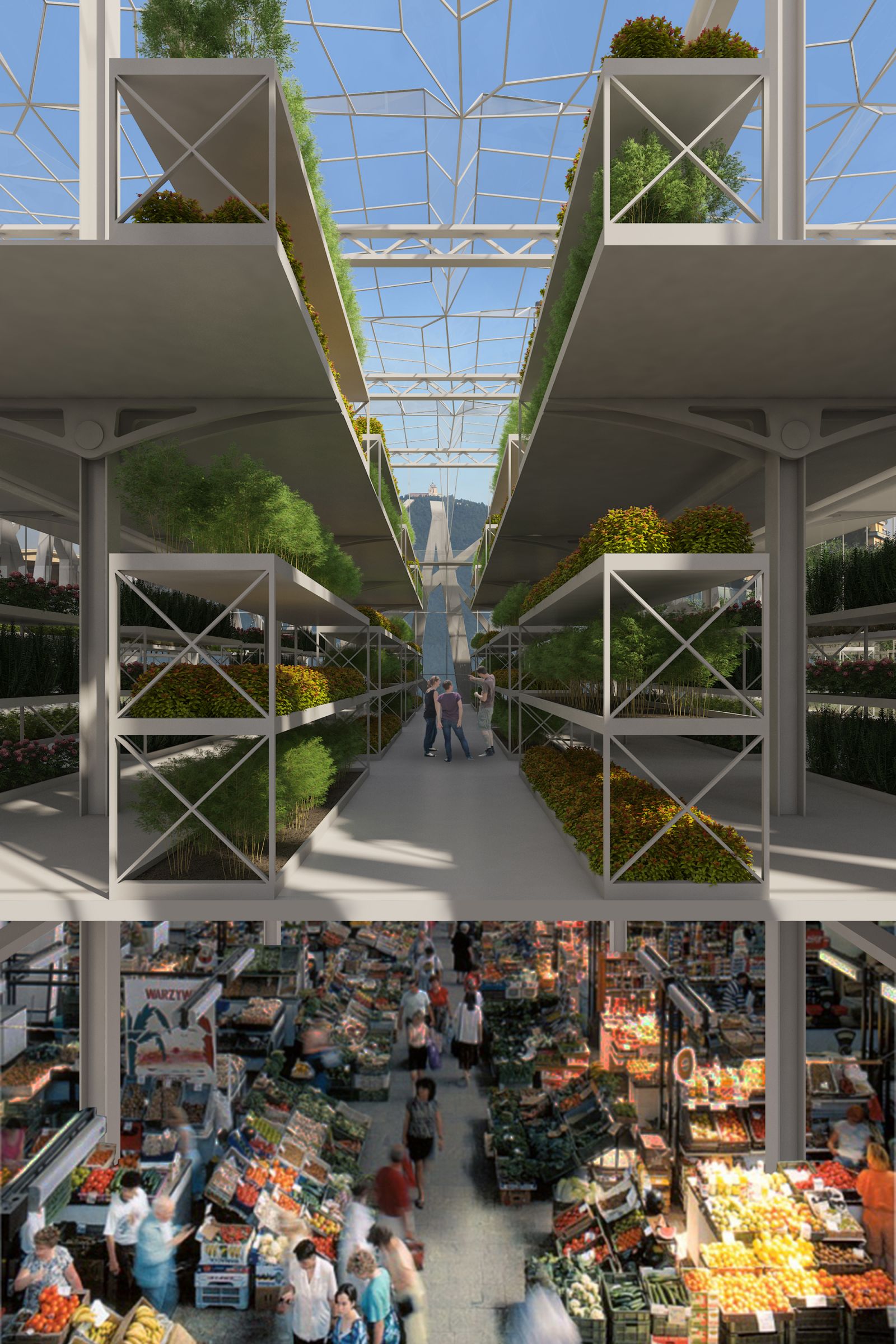 Industrial 3D rendering of the Green House plant sales area, which has plenty of natural light and is well organized