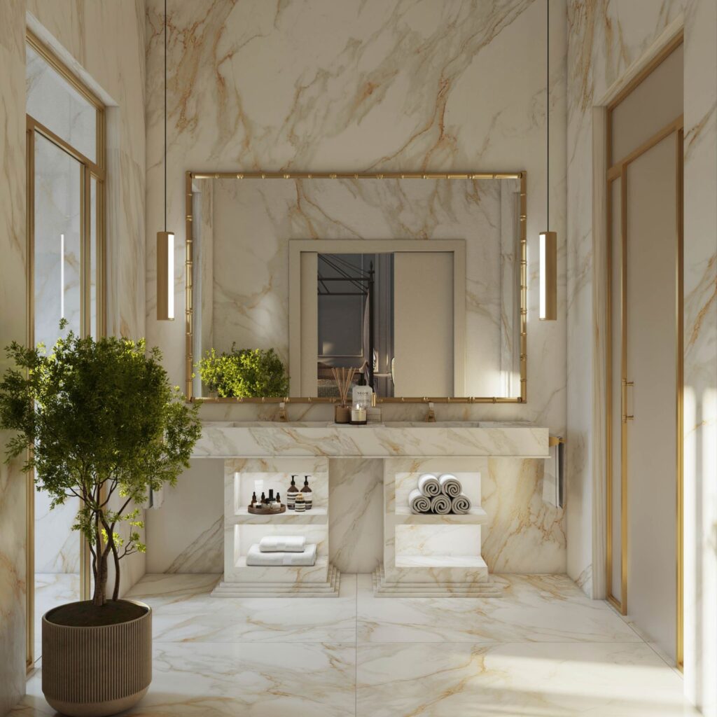 Interior 3D rendering of the Hotel elegant bathroom, with white marble walls, floor and ceiling and gold furniture decorations