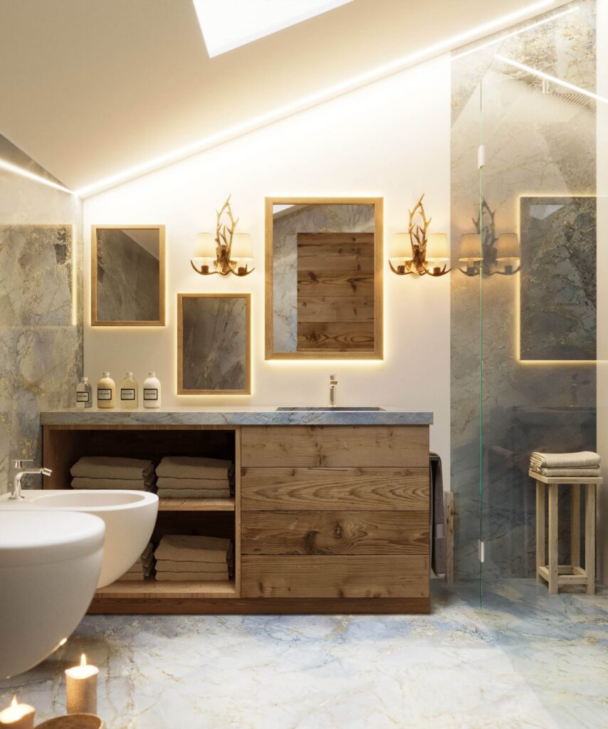 3D-Innenansicht des Badezimmers im rustikalen Stil des Berghauses mit hellen Wänden und warmer Beleuchtung