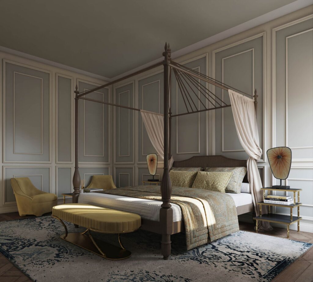 Interior 3D rendering of the Hotel classic style bedroom, with a canopy curtain over the bed, walls with grayish-blue textures, beige upholstered furniture, and natural light.