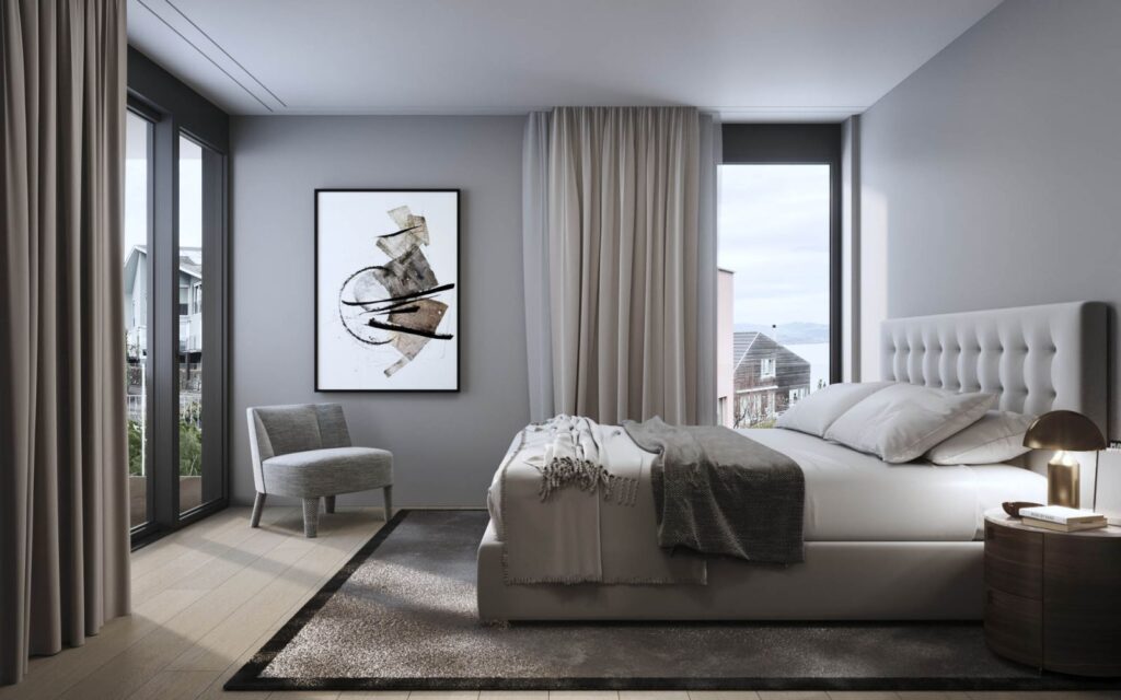 Interior 3D rendering of the Burghaldenstrasse minimalist bedroom with lots of natural light, neutral tones in the furniture and long gray curtains