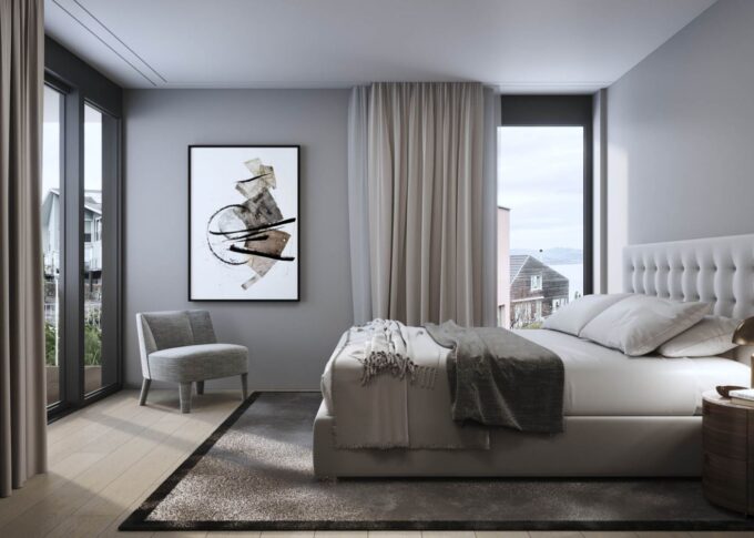 Interior 3D rendering of the Burghaldenstrasse minimalist bedroom with lots of natural light, neutral tones in the furniture and long gray curtains
