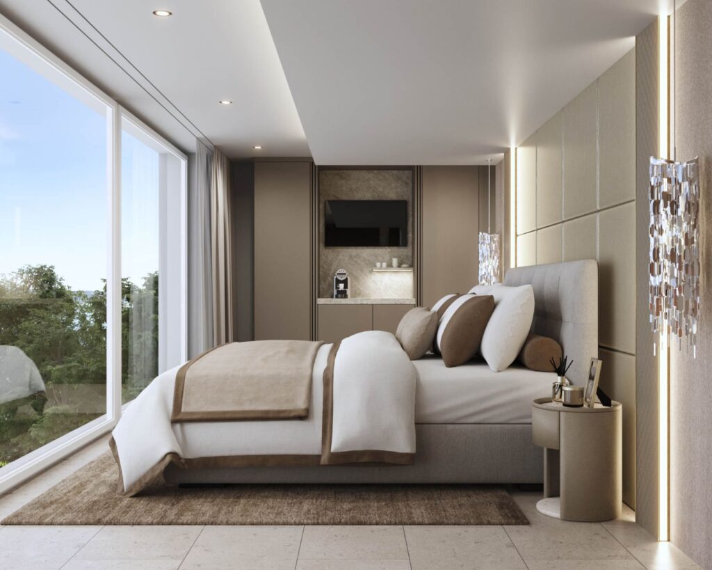 Interior 3D rendering of the Deck bedroom with a very marked modern style, with neutral colors and large windows