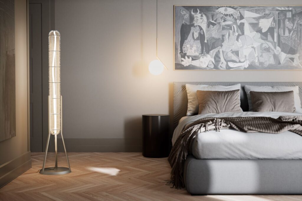 Interior 3D rendering of the Seeschlossli modern bedroom, with gray tones, wooden floors, and an original floor lamp next to the bed