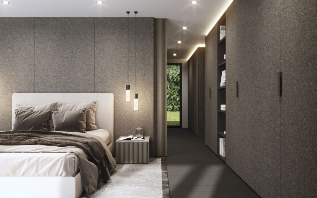 Interior 3D rendering of the Portmann bedroom with textured walls, lots of natural light, and gray tones throughout the room