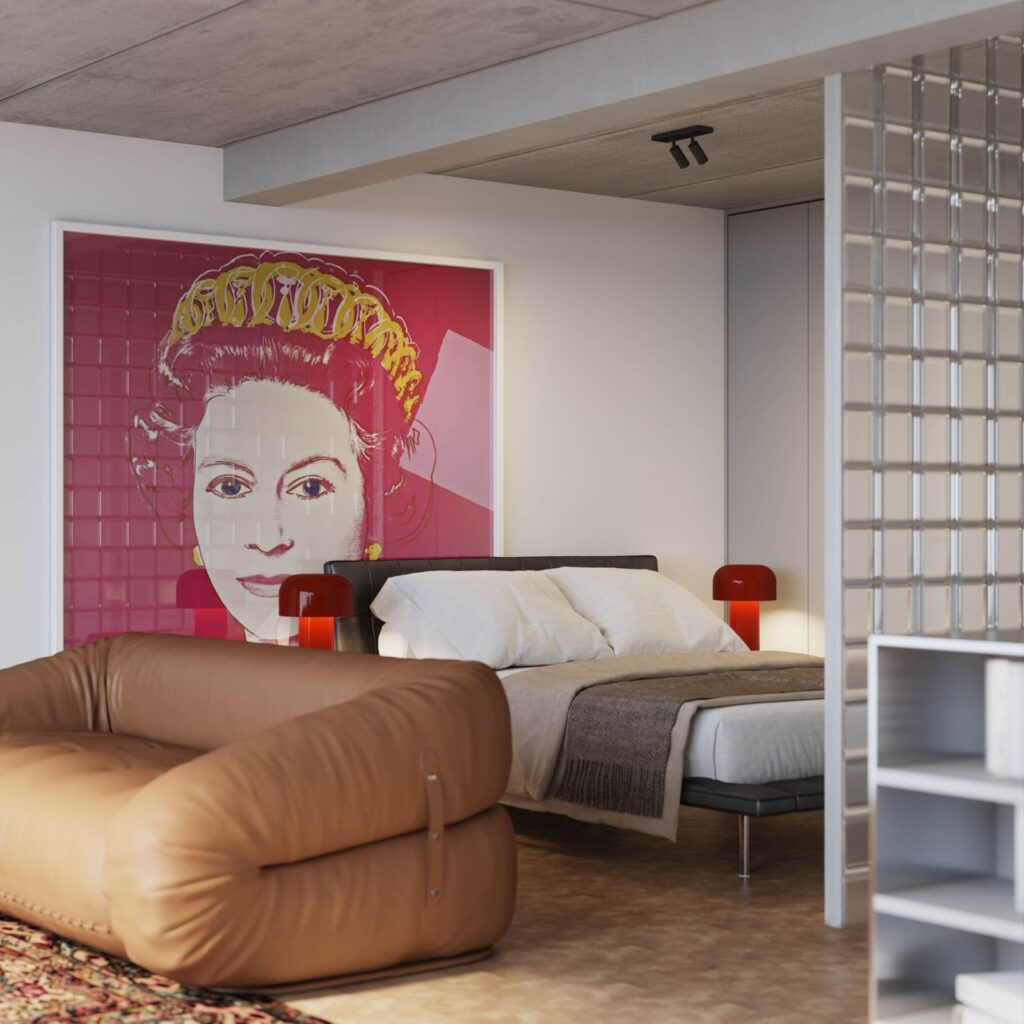 Interior 3D rendering of the Limpertsberg modern open-concept bedroom with colorful decor