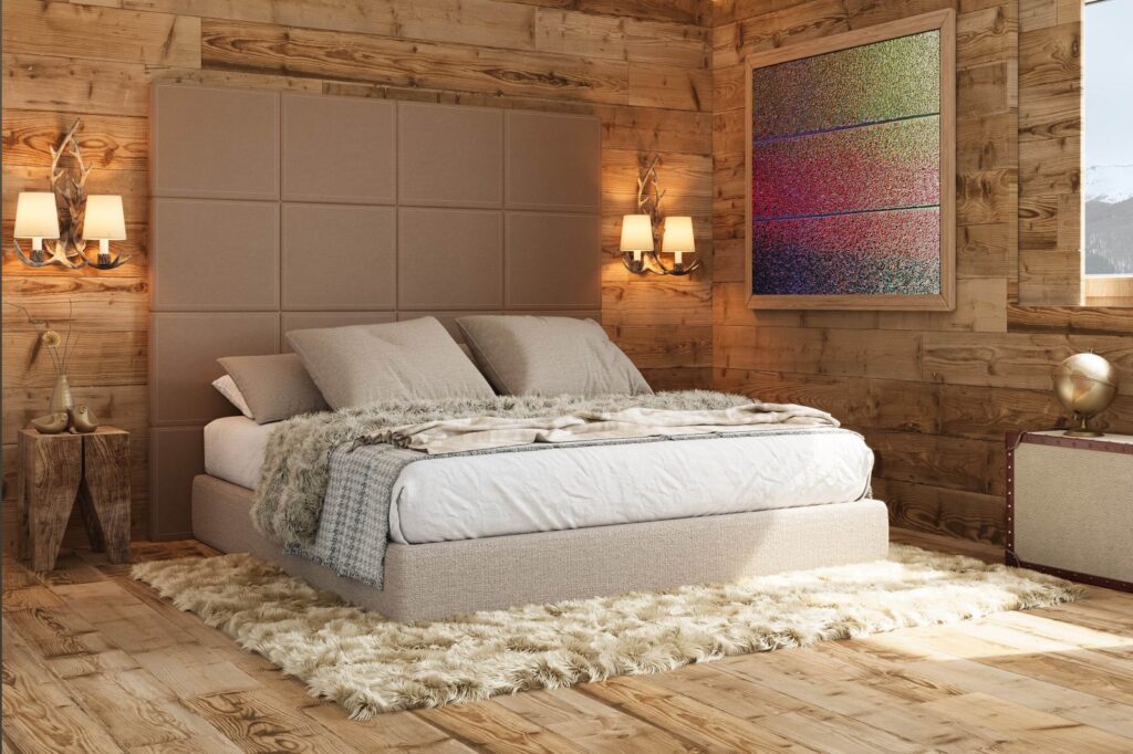 3D-Innenansicht des Schlafzimmers im rustikalen Stil eines Berghauses mit Holzwänden und einem Zottelteppich unter dem Bett