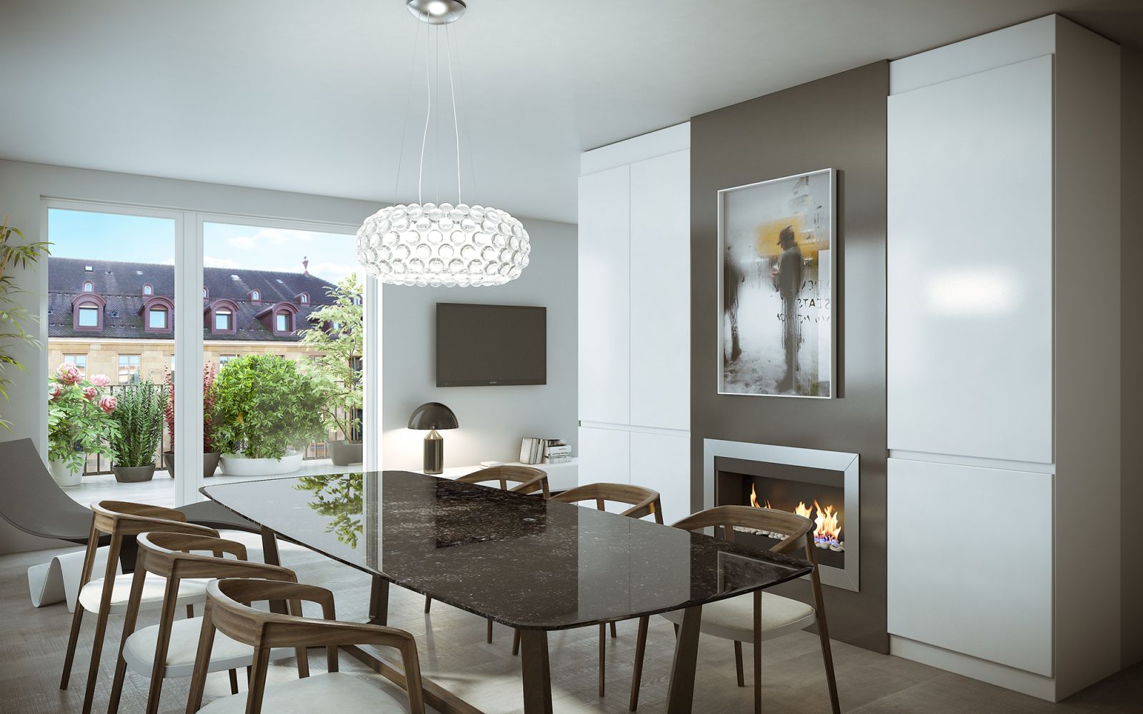 Interior 3D rendering of the Housing - La Chaux de Fonds dining room with clean and minimalist style