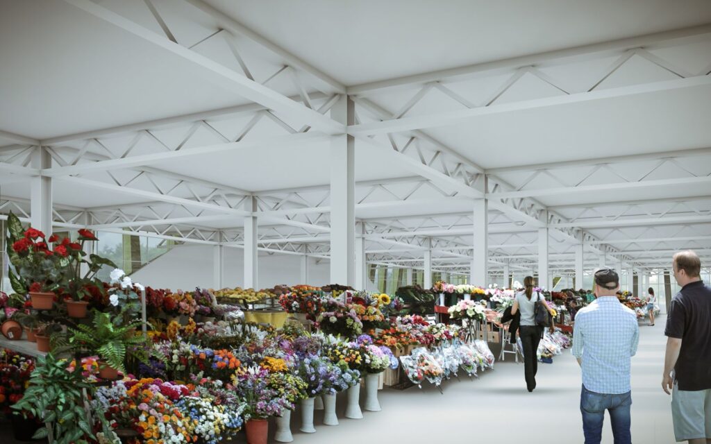 Commercial 3D rendering of the Green covered flower market, with exposed beams and columns
