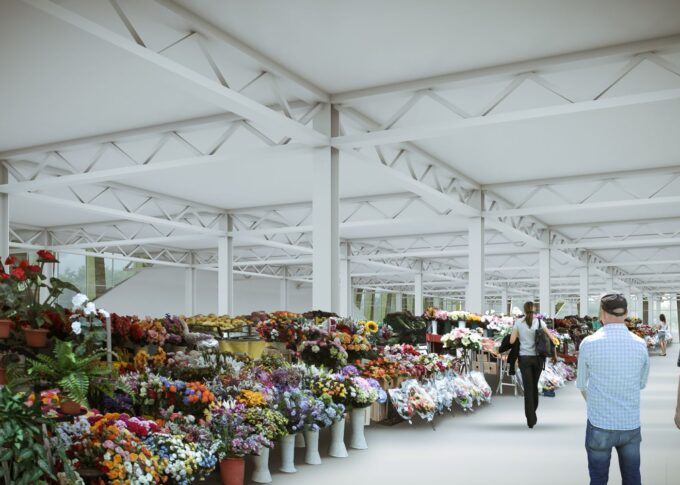 Commercial 3D rendering of the Green covered flower market, with exposed beams and columns