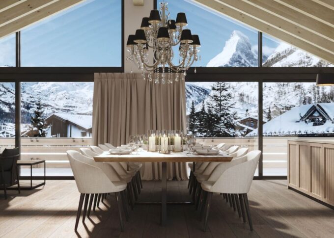 Interior 3D rendering of the Hotel apartment dining room, living room and kitchen with an open concept, industrial and rustic style at the same time and lots of natural light