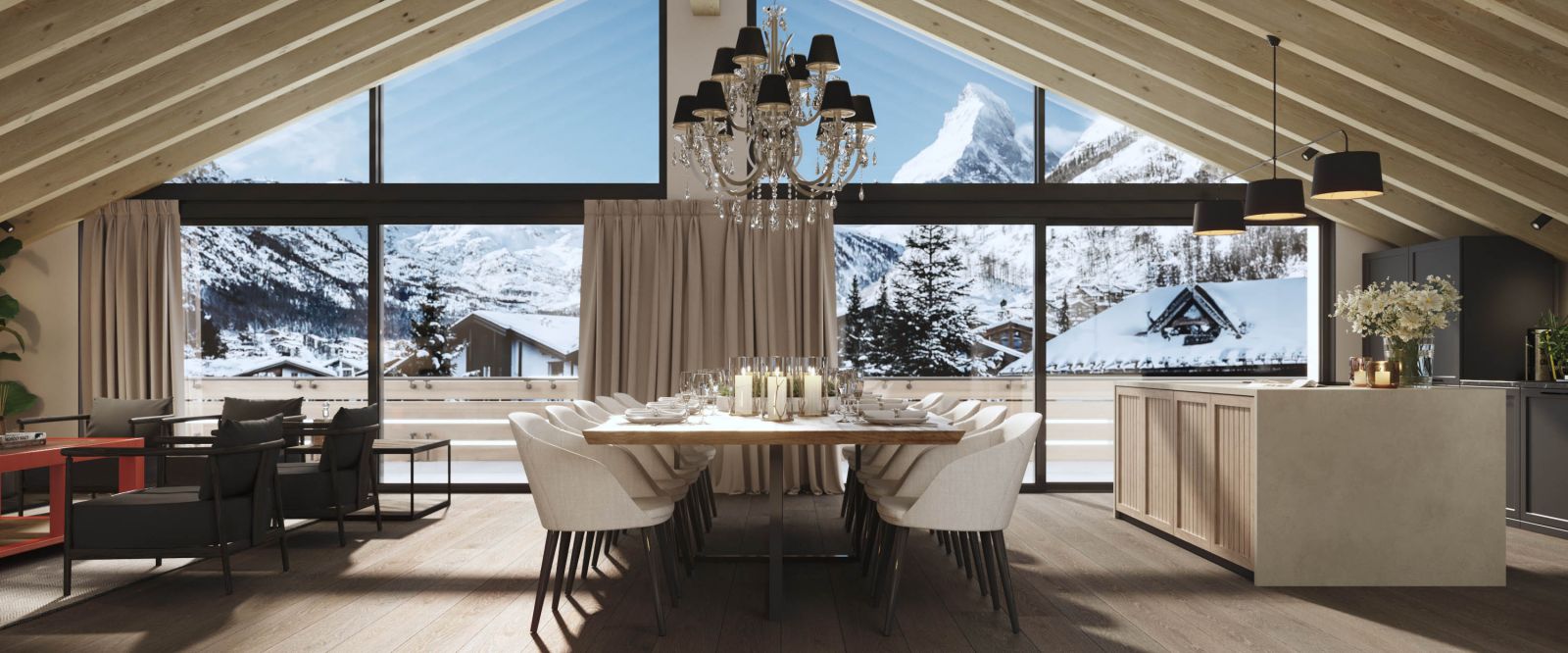 Interior 3D rendering of the Hotel apartment dining room, living room and kitchen with an open concept, industrial and rustic style at the same time and lots of natural light