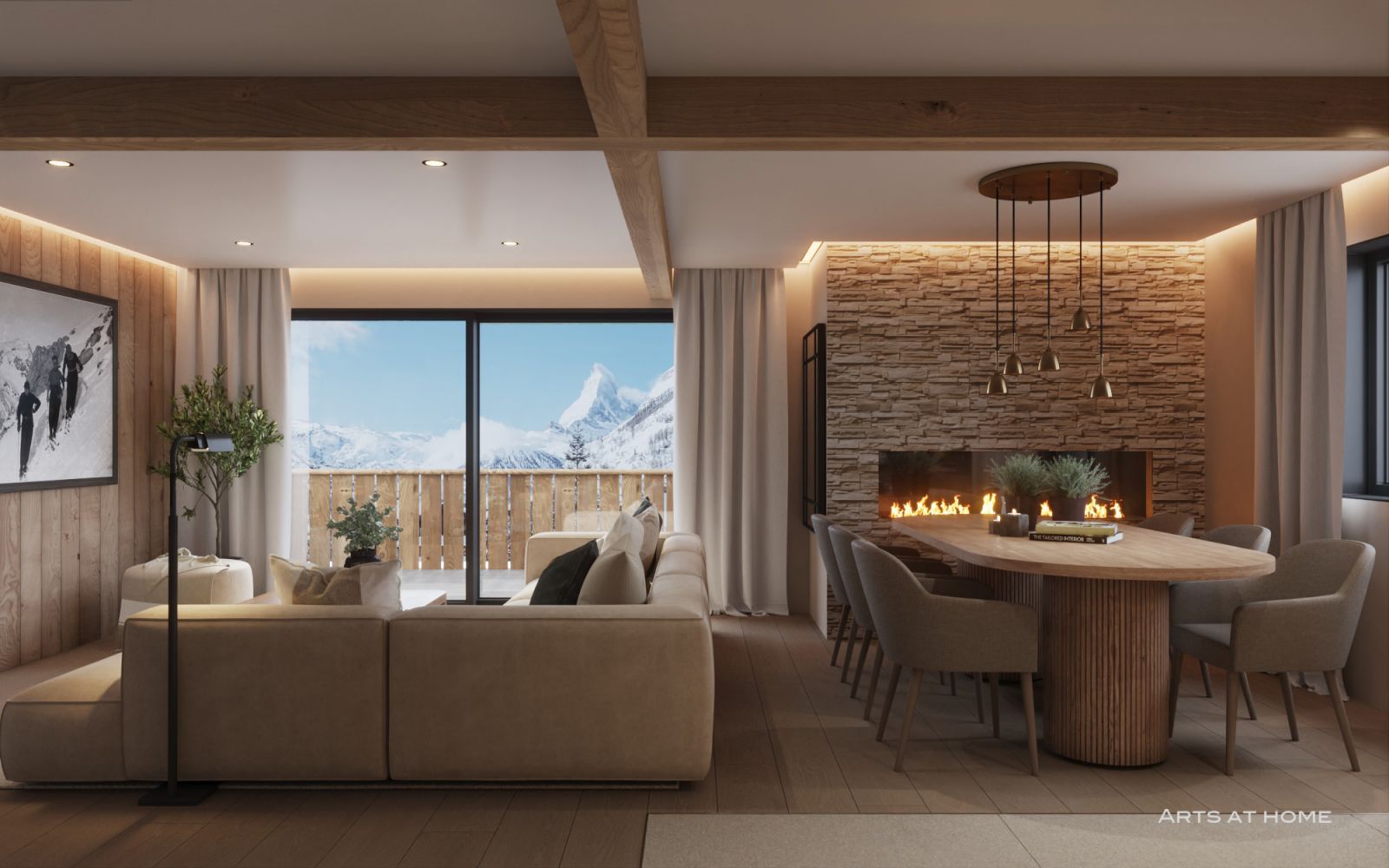 Interior 3D rendering of the Multifamily open-concept living room and dining room with a rock wall and lots of natural light