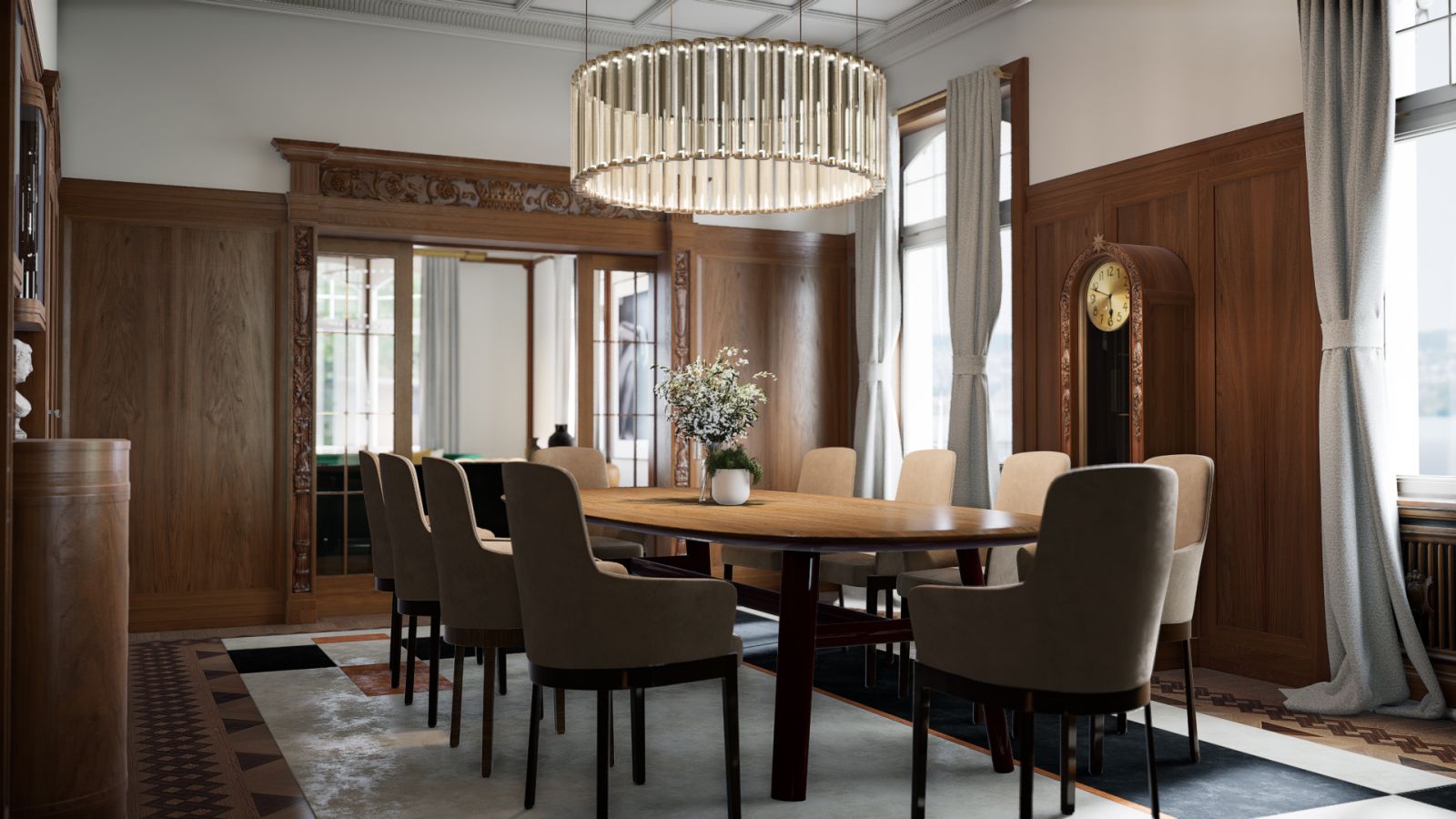 Interior 3D rendering of the Seeschlossli dining room, with a very marked classic style, wooden walls and a clock that stands out for its golden color in the center