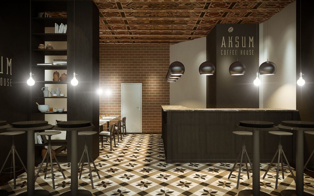 3D rendering of the full interior view of the aksum cafe