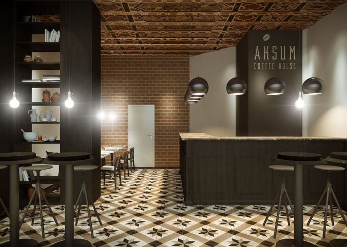 3D rendering of the full interior view of the aksum cafe