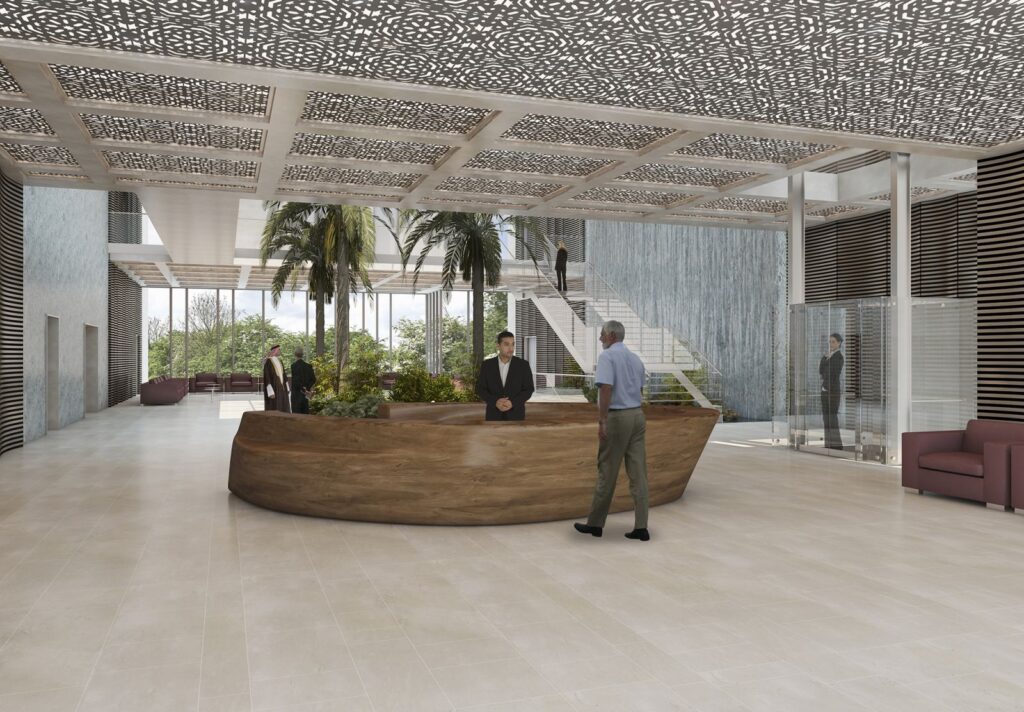 Interior 3D rendering of the Kuwait Embassy entrance hall, with a stand-out wooden counter and plenty of natural light