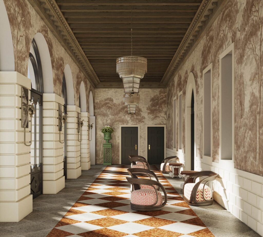 Interior 3D rendering of the Hotel hallway with brick and white tiles, patterned wallpaper, modern furniture and natural light