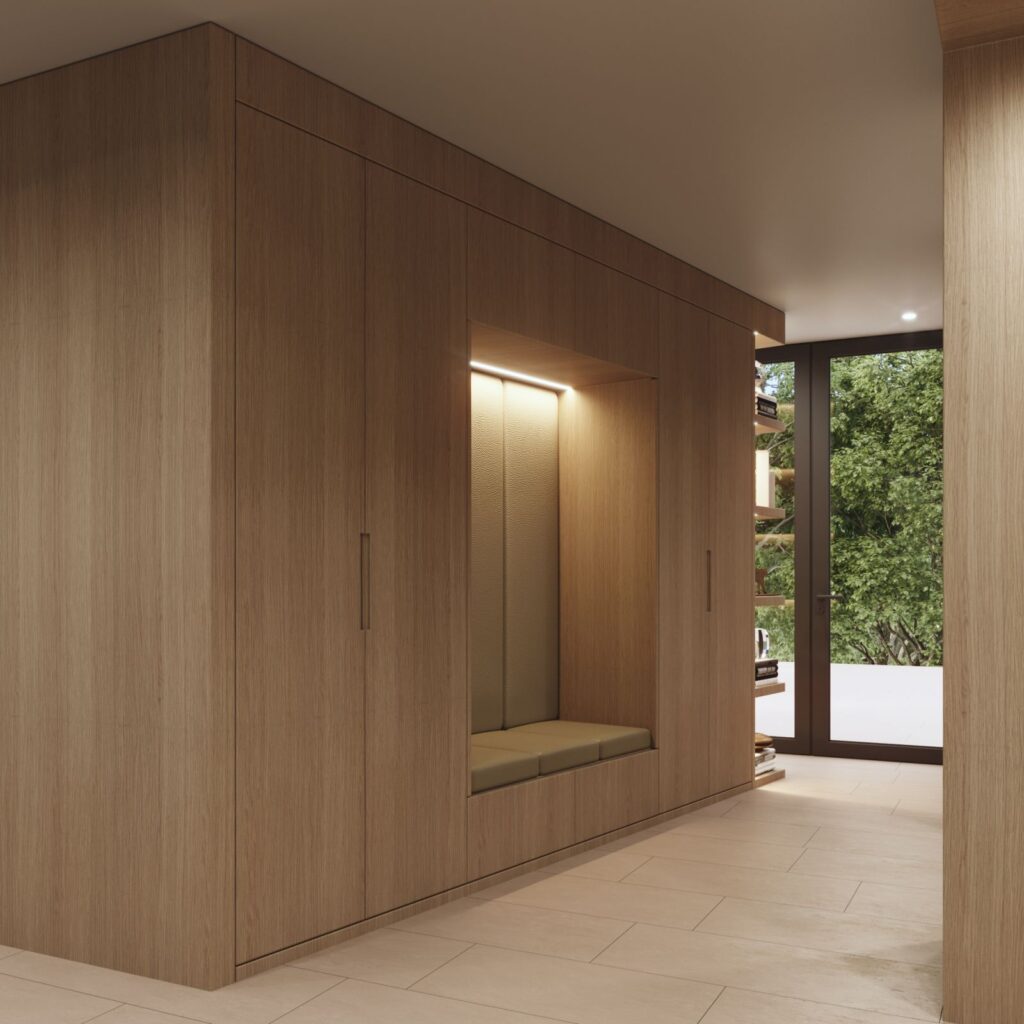 Interior 3D rendering of the Feusisberg hallway with a light-colored wooden closet, with access to the outside through a sliding door that allows natural light to enter the space