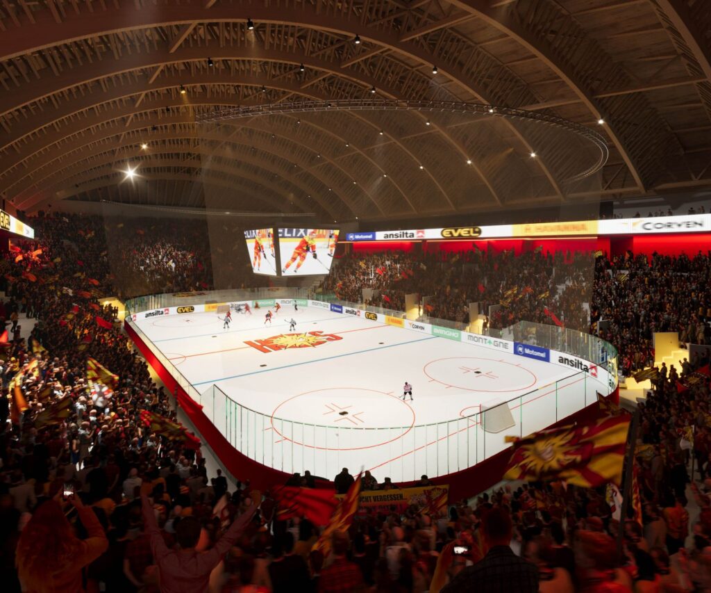Interior 3D rendering of the Arena very well-lit hockey rink with high ceilings