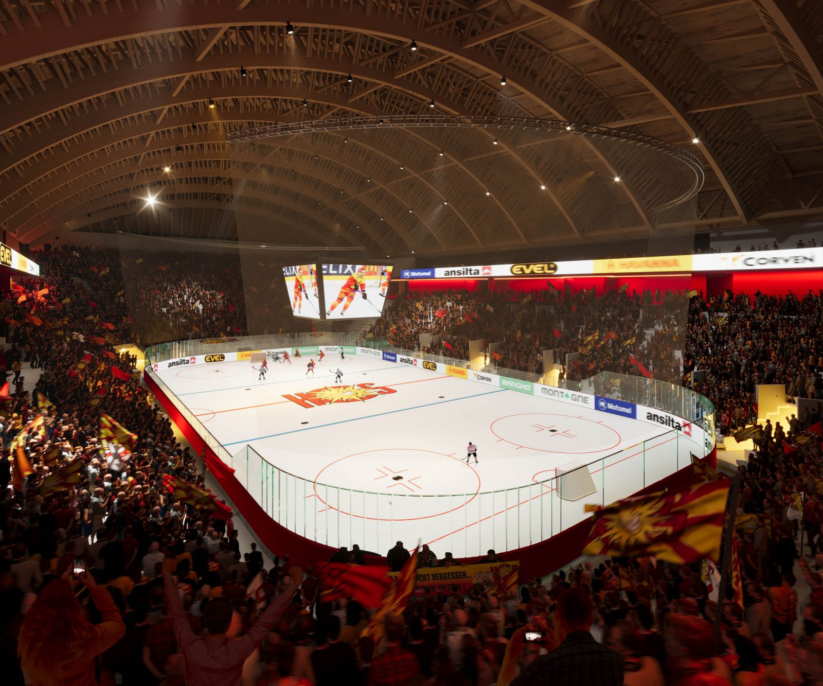 Interior 3D rendering of the Arena very well-lit hockey rink with high ceilings