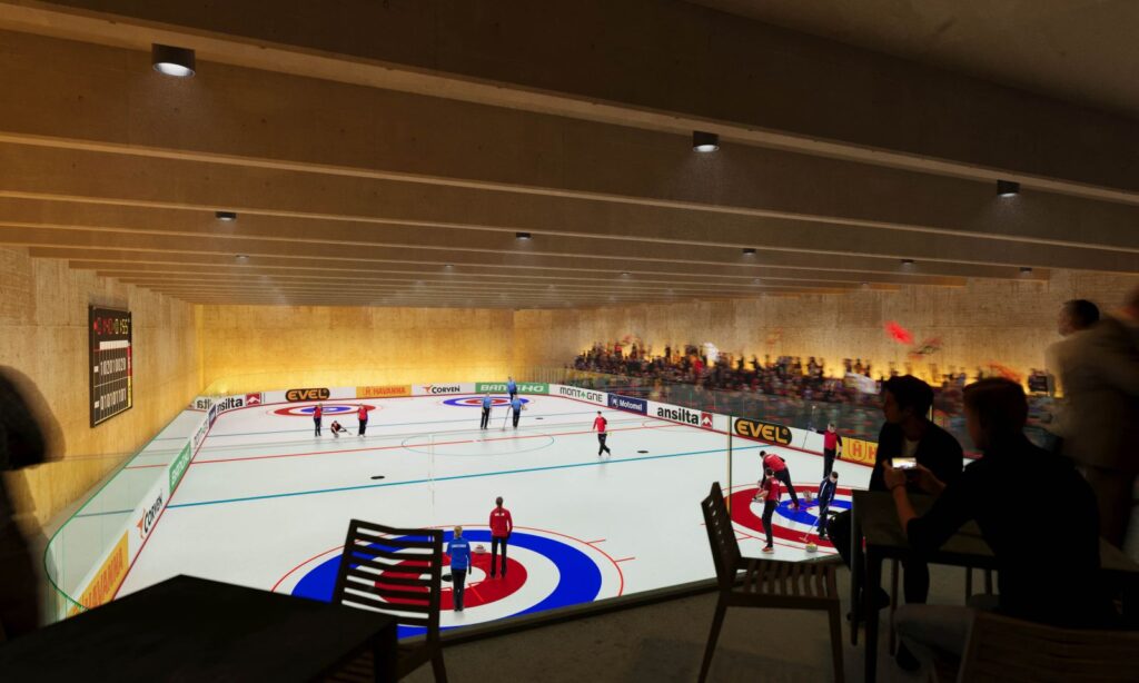 Interior 3D rendering of the Arena modern hockey field, with very good lighting