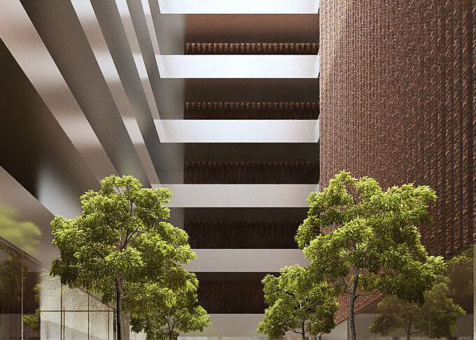 Urban 3D rendering of the National Library Argentina – Contest exterior with a park in front full of trees