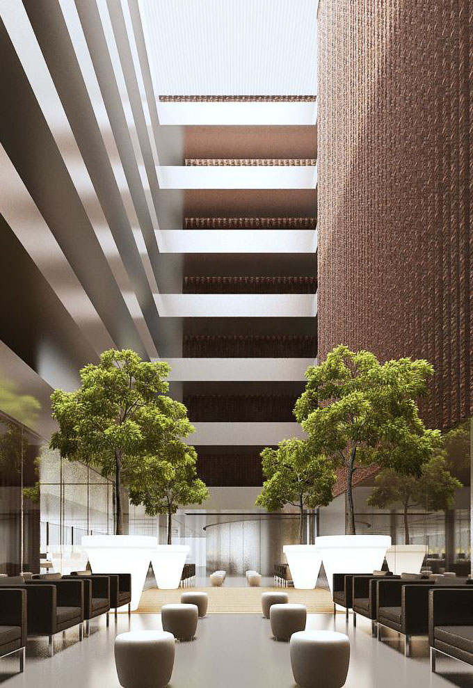 Urban 3D rendering of the National Library Argentina – Contest exterior with a park in front full of trees